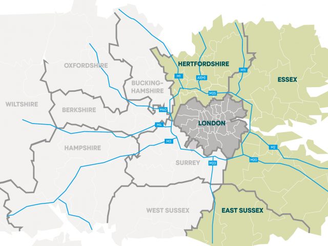 Regional map showing London and surrounding buroughs.