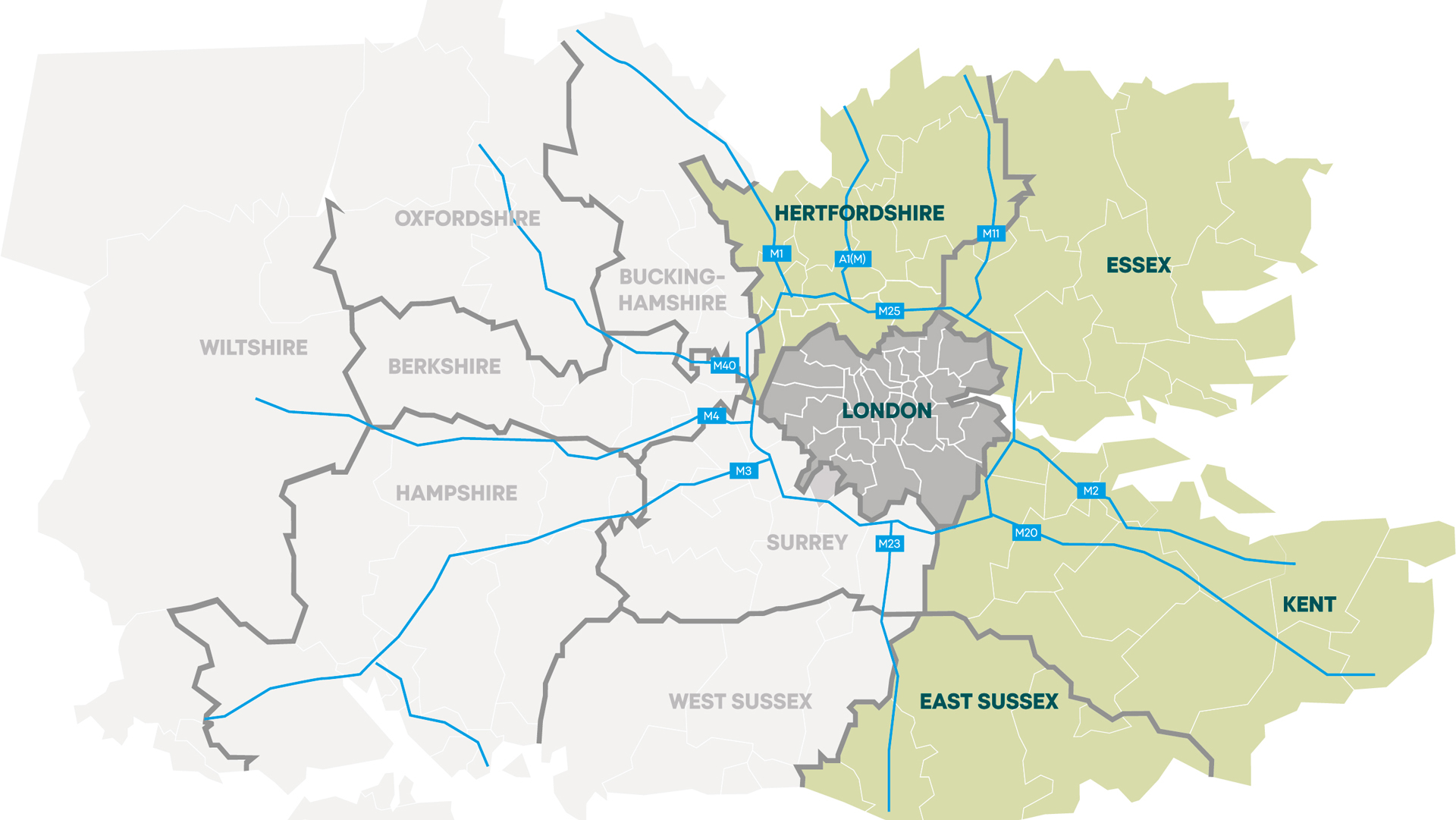 Regional map showing London and surrounding buroughs.
