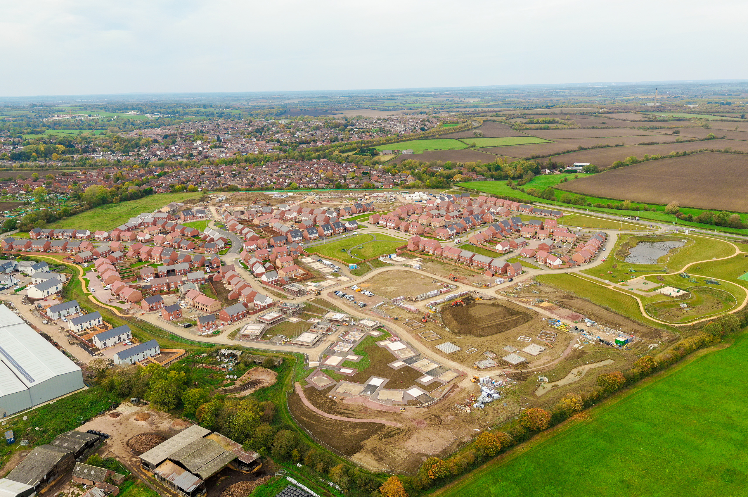 Strategic land being developed into new homes. Aerial view.