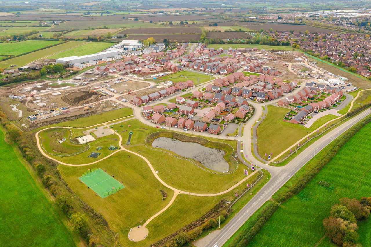 Strategic land being developed into new homes. Aerial view.