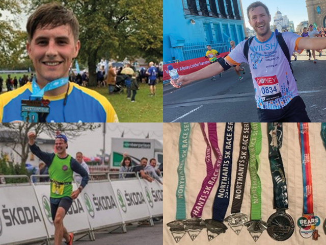 Hallam Land employees running various events and the medals they've earned.