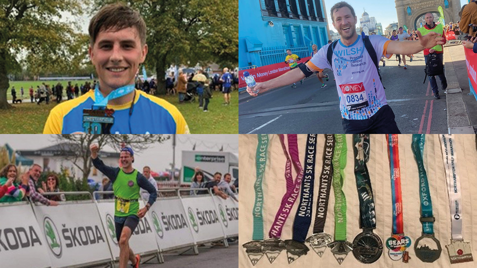 Hallam Land employees running various events and the medals they've earned.