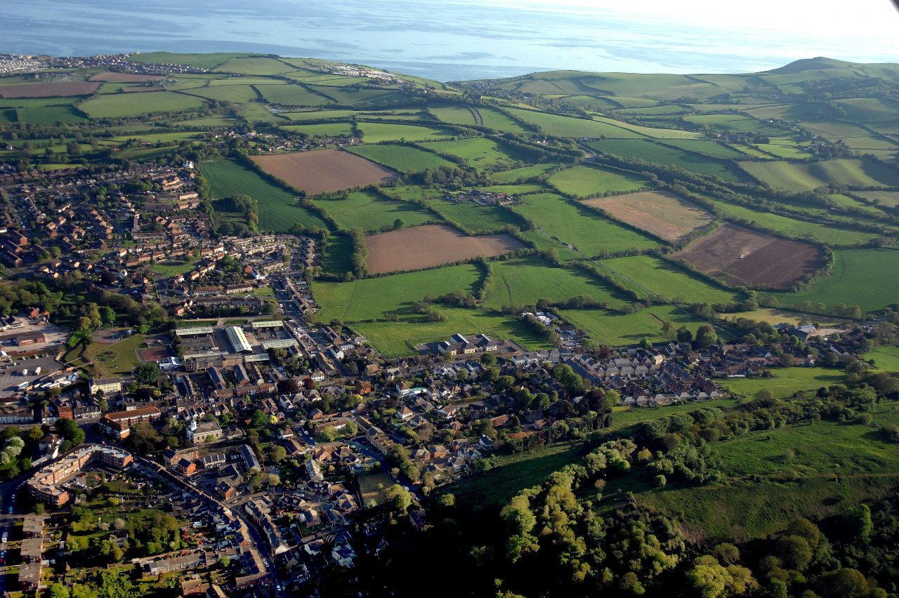 Strategic land at Bridport. Aerial.
