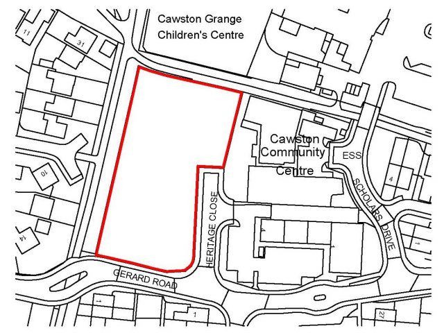 Location of strategic land being promoted at Cawston Grange. Map plan.
